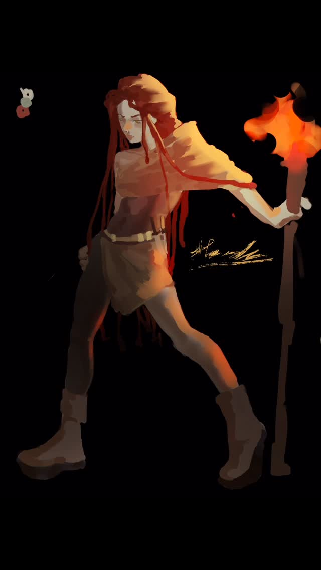 Red-haired fantasy character holding a flame against a black background