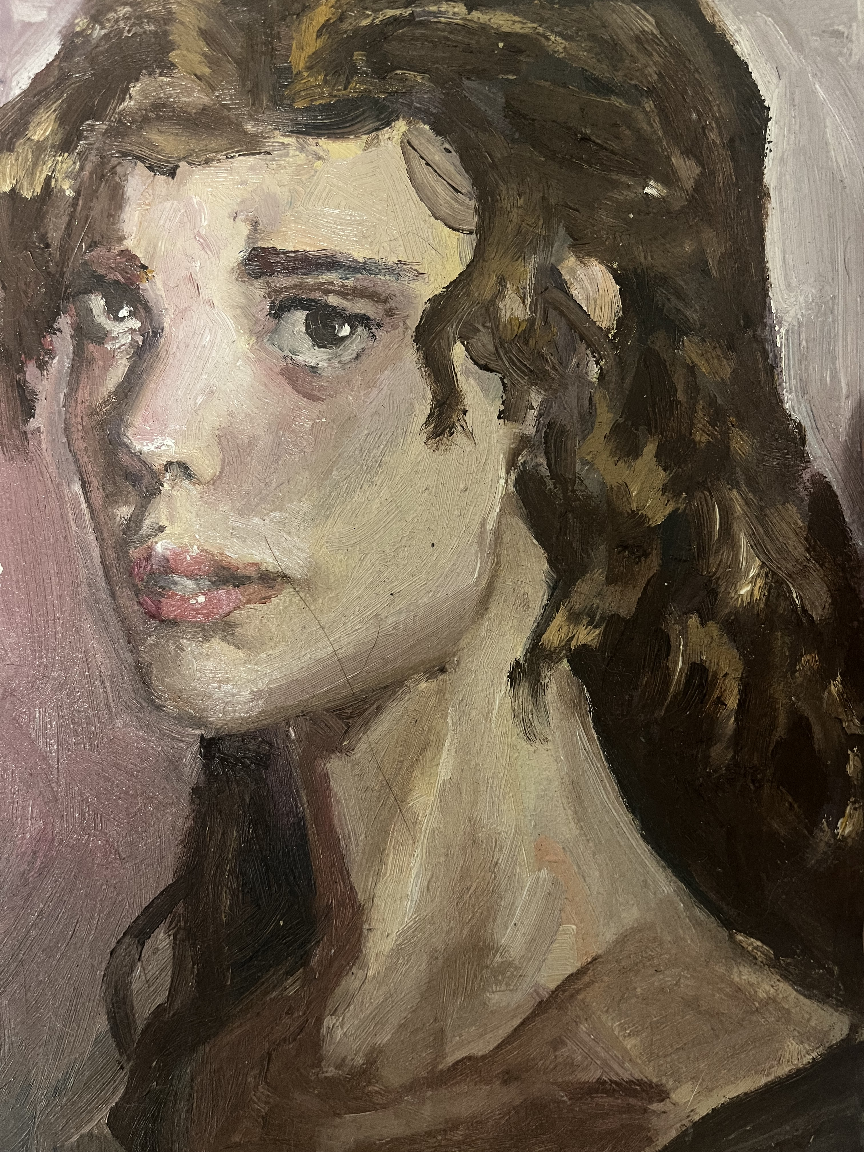 Oil-painted portrait of a person with dark curly hair in side view